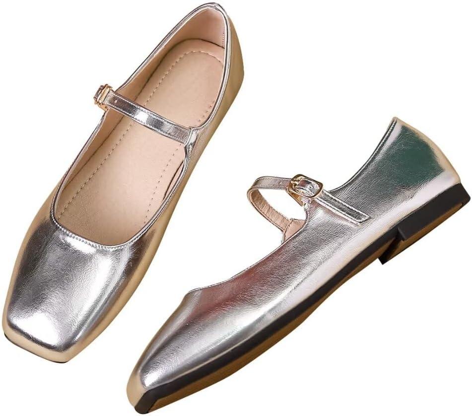 Stunner Mary Jane Square Toe Black Ballet Flats for Women Comfortable Ankle Strap Casual Slip On Flats, Size 10.5