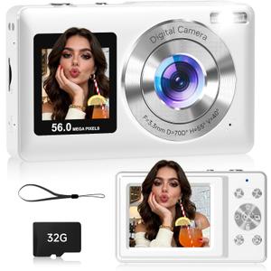 Compact Camera,56MP Dual-Screen Digital Camera for Teens with Auto Focus,Smile Capture,Anti-Shake,16X Zoom,32GB SD Card Camera Digital Gift for Boys Girls Teens