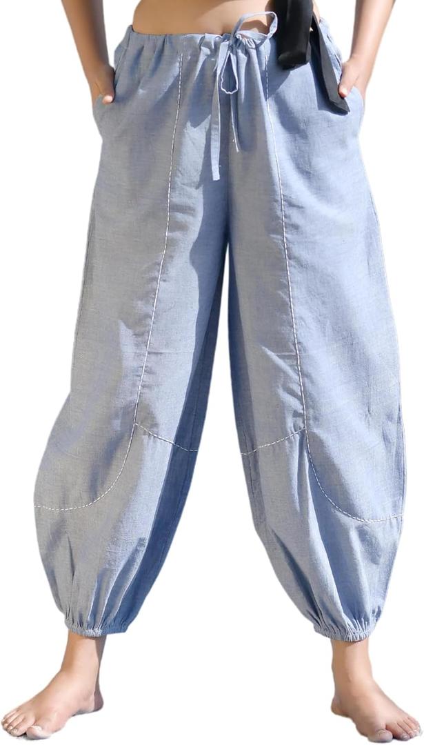 Womens Casual Harem Pants with Pockets | High Waist Yoga Trousers for Women | Handmade Cotton Boho Harem Pants (Large, Azure Blue)