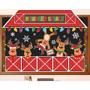 Winter Deer Bulletin Board Decorations Set Christmas Reindeer Stable Elk Cutouts Chalkboard Decor Xmas Bulb Paper Cutting with Borders for Door Wall School Classroom Winter Holiday Party Supplies