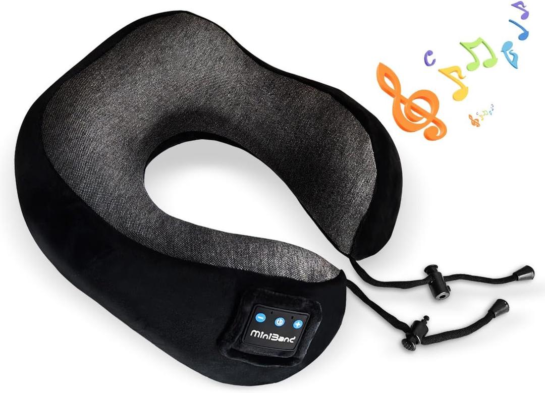 Neck Pillow with Bluetooth Headphones Function for Travel, Travel Pillow 100% Pure Memory Foam, Airplane Pillow, Wireless Headphones with Microphone for Traveling Car Home Office Black
