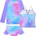 Girls Rash Guard Swimsuit 3 Pieces Long Sleeve UPF50+ Quick Dry Bathing Suit for Toddler 3-12Y (Purple)