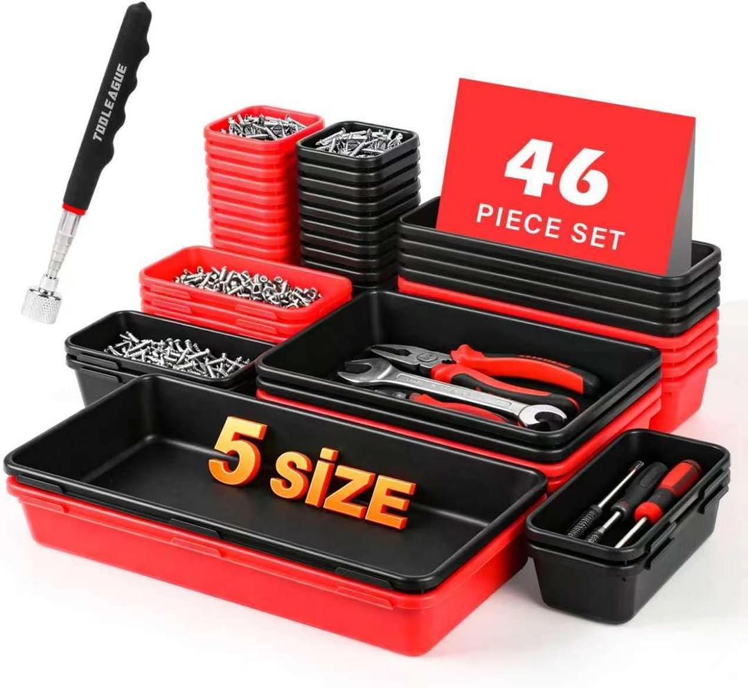 TOOLEAGUE 46Pcs & 5 Sizes Tool Box Organizer with 15Lb Magnetic Pickup Pen | Drawer Organizer Tray Set, Garage Organization and Storage Workshop Rolling Tool Chest WorkBench Small Part(Black, Red)