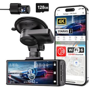 REDTIGER 4K STARVIS 2 Dash Cam Front and Rear, 5GHz WiFi 20MB/s Download, 128GB Card Included, Voice Control, Dash Camera for Cars with 3.18" Touch Screen, GPS, Loop Recording, Parking Mode(F7N Touch)