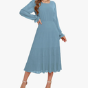 CYiNu Women's Midi Dresses Long Sleeve Crew Neck Flowy Casual Floral Boho Tiered Chiffon Smocked Elegant Dress Size M