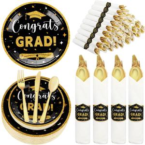 Meanplan 50 Sets 2026 Graduation Party Supplies Tableware Set Gold Pre Rolled Silverware for 50 Guests Class of 2026 Disposable Dinnerware for College High School Congrats Graduation Party Favors