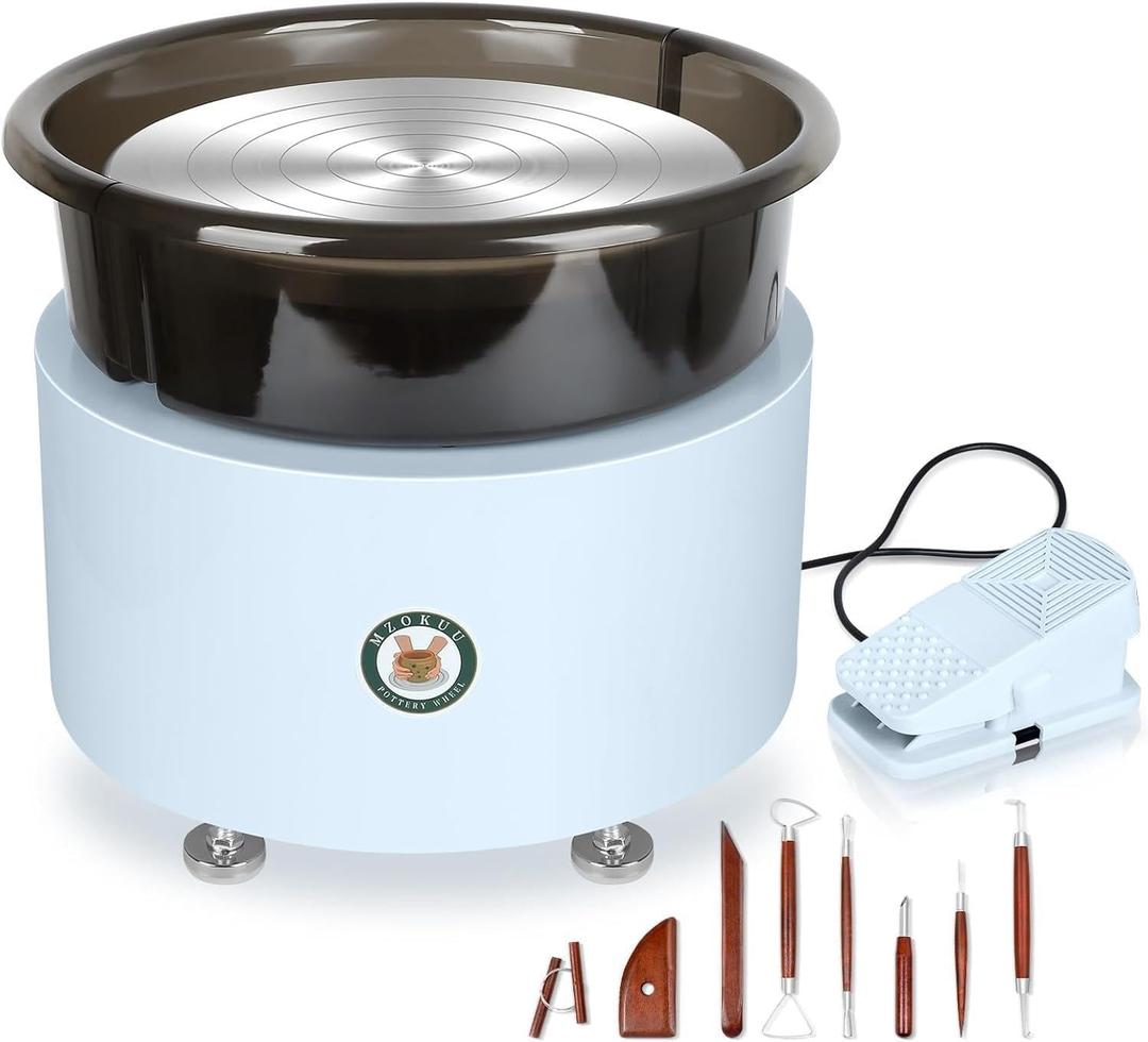 MZOKUU Pottery Wheel for Adults 11 Inch 450W Electric Ceramic Forming Machine Foot Pedal Control Adjustable 50-300RPM Speed ABS Detachable Basin Sculpting Tools Kit Arts Craft DIY Gift (White)