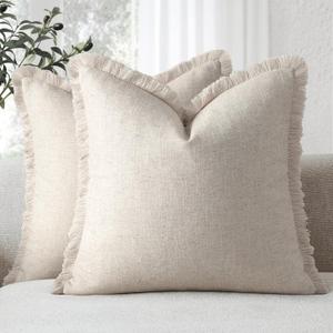 ZWJD Pillow Covers 18x18 Set of 2 Throw Pillow Covers with Fringe Chic Cotton Euro Shams Square Cushion Covers for Couch Sofa Bed Living Room Farmhouse Boho Decor, Natural Beige