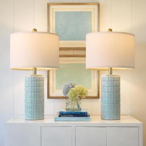 PoKat 23" Light Blue Table Lamps Set of 2, Modern Bedside Lamps for Bedroom, Coastal Ceramic End Table Lamps for Living Room, Ocean Nightstand New Home Decor Lamps