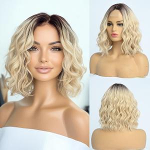 Short Blonde Wigs Wavy Wig For Women Middle Part Synthetic wigs with Dark Root Curly Pastel Bob Light Blond Wig for Girl Colorful Cosplay 14inch Wigs613blonde
