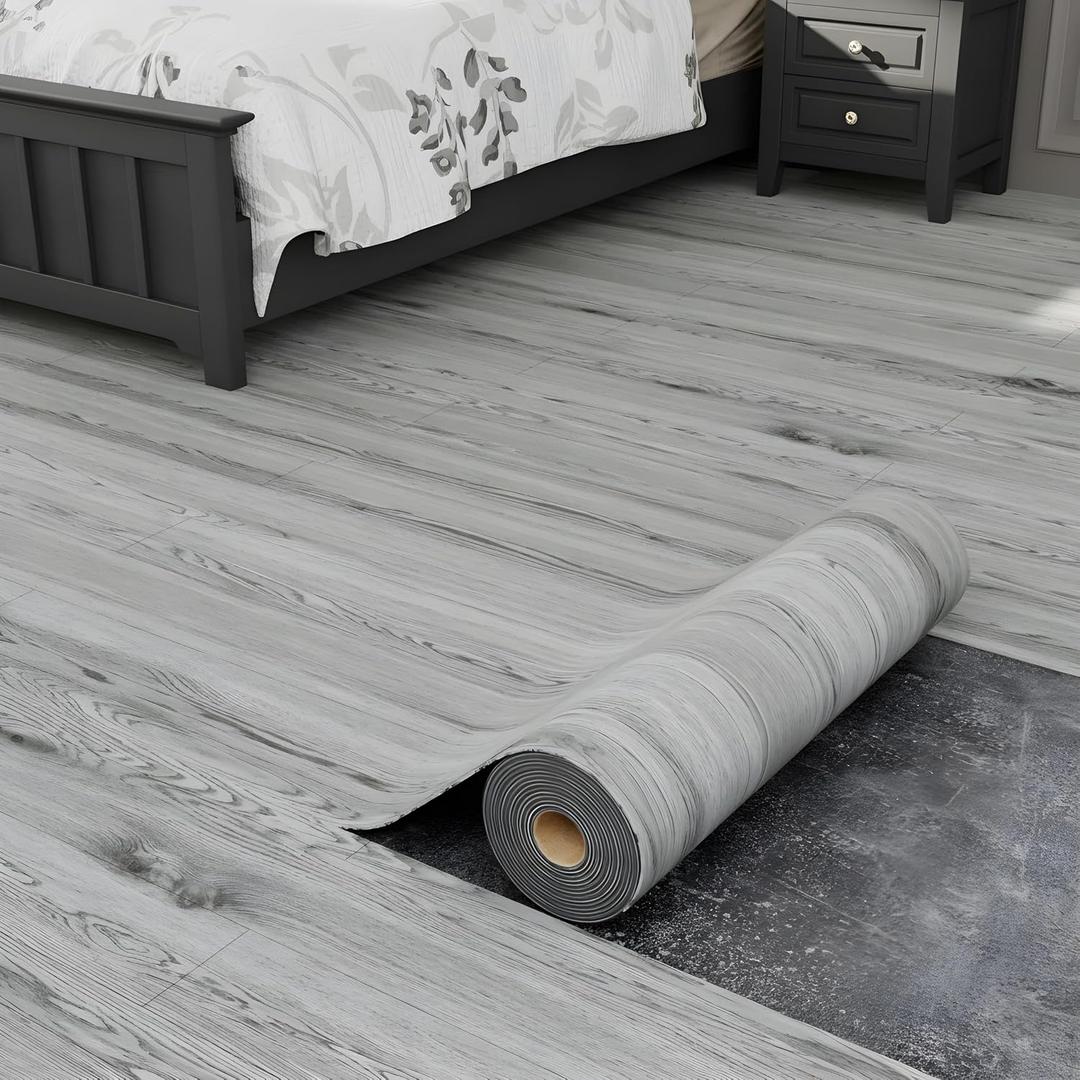Oxdigi Peel and Stick Vinyl Flooring Roll 23"x 196"/32 Sq.Ft, Thicken Self Adhesive Vinyl Floor Tiles Wood Plank Flooring Waterproof Wear-Resistant for Any Room, Easy DIY Floor Coverings, Grey Wood