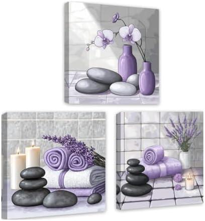 DOARTDO 3 Piece Canvas Wall Art Zen Spa Themed Bathroom Wall Decor Zen Stones Painting with Candles Towels Lavender Orchids Prints Home Office Decor Framed (Purple, (12"x12"x3 Pieces))