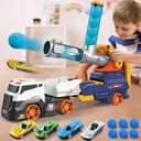 Dwi Dowellin Truck Toys for Kids, 28" Large Car Toys Include 4 Race Cars+6 Soft Foam Balls, with Light & Sounds, Eejection&Shooting Transport Trucks Toy, Gifts for Boys Girls 3 4 5 6 7 8+ Year Old (Black)