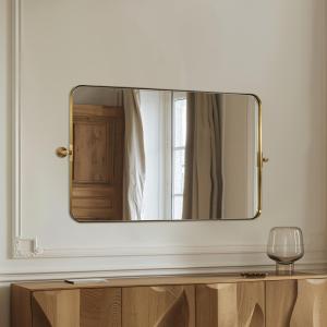 MOON MIRROR 30" x 22" Brushed Gold Rectangle Bathroom Mirror, Tilting Rounded Rectangular Metal Framed Pivot Wall Mirror, Hangs Horizontally Only(Overall 33.75" x 22")
