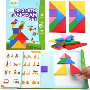 BenBen Travel Tangram Puzzle with 2 Sets Magnetic Wooden Shapes, Extra Large Dual-Sided Magnet Surface, Color Pattern IQ Book Road Trip Car Plane Game Educational STEM Travel Toys for Kids Adults