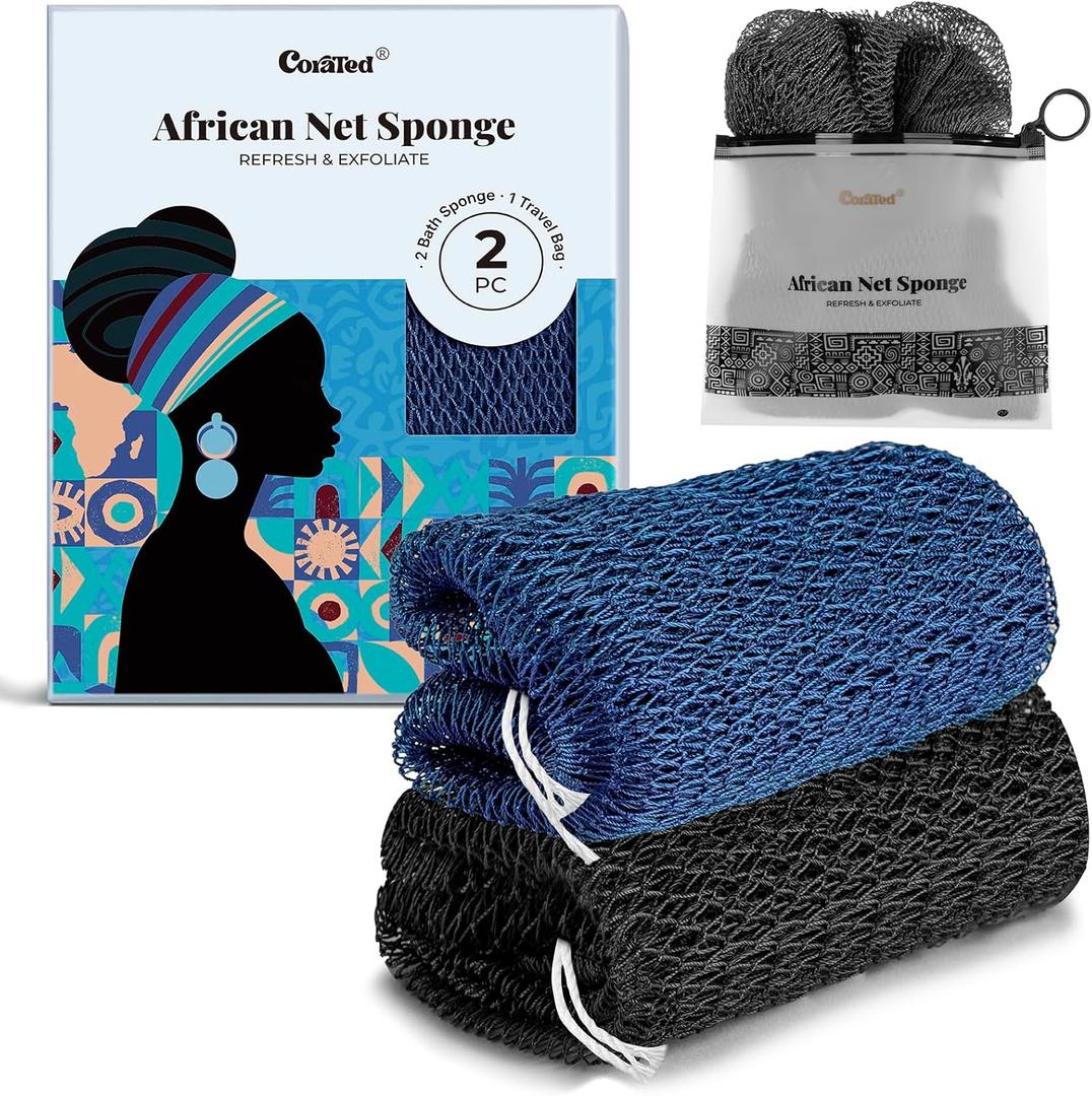 CORATED African Net Sponge Authentic, Shower Loofah Exfoliating Bath Sponge, Body Scrubber for Women and Men Daily Use Body Care, Travel Portable Bath Accessories for Bathroom (Blue & Black)