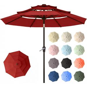 10ft Patio Umbrella, 3 Tier Outdoor Market Table Umbrellas with 8 Fiberglass Ribs and Push Button Tilt, Windproof, Vented Canopy, UV Protection for Deck, Pool, Backyard, Red
