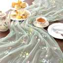 Remagr 9.8 ft Green Flower Table Runner Embroidery Flower Seasonal Table Decorations Tulle Fabric for Home Indoor Decor, Bridal Shower Wedding, Baby Shower Parties, Holiday DIY Craft Kitchen Decor