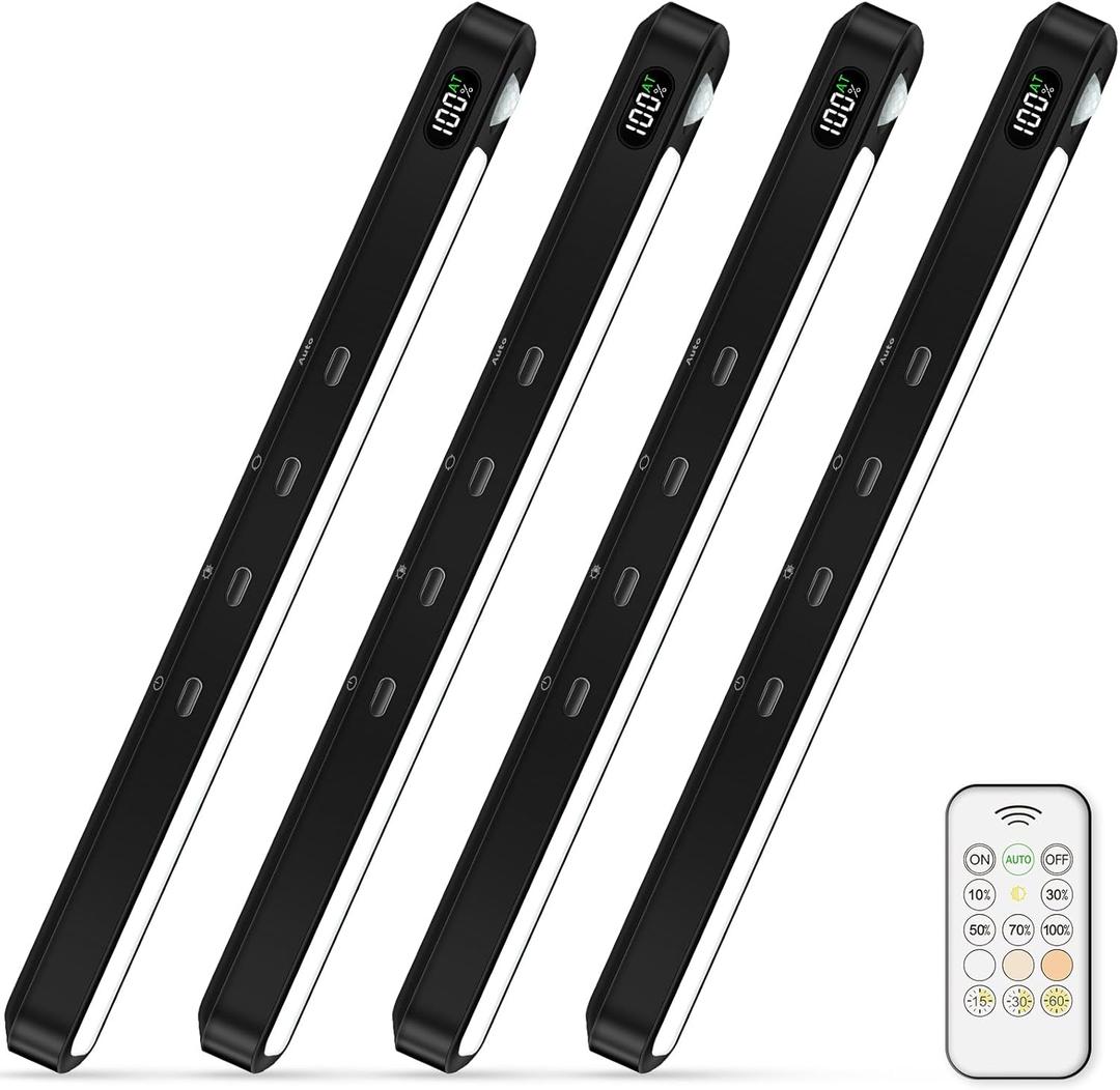 WILLED Under Cabinet & Closet Lights with Remote, Motion Sensor, Rechargeable, Magnetic, 3 Color Temps, Dimmable LED Light Bar for Indoor Kitchen Counter (4 Pack, Black)