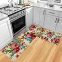 Kitchen Mats for Floor Set of 2 Pieces Kitchen Rugs and Mats Non Skid Washable Kitchen Floor Mat (Pink Red Roses Floral), 17''x47''+17''x30''