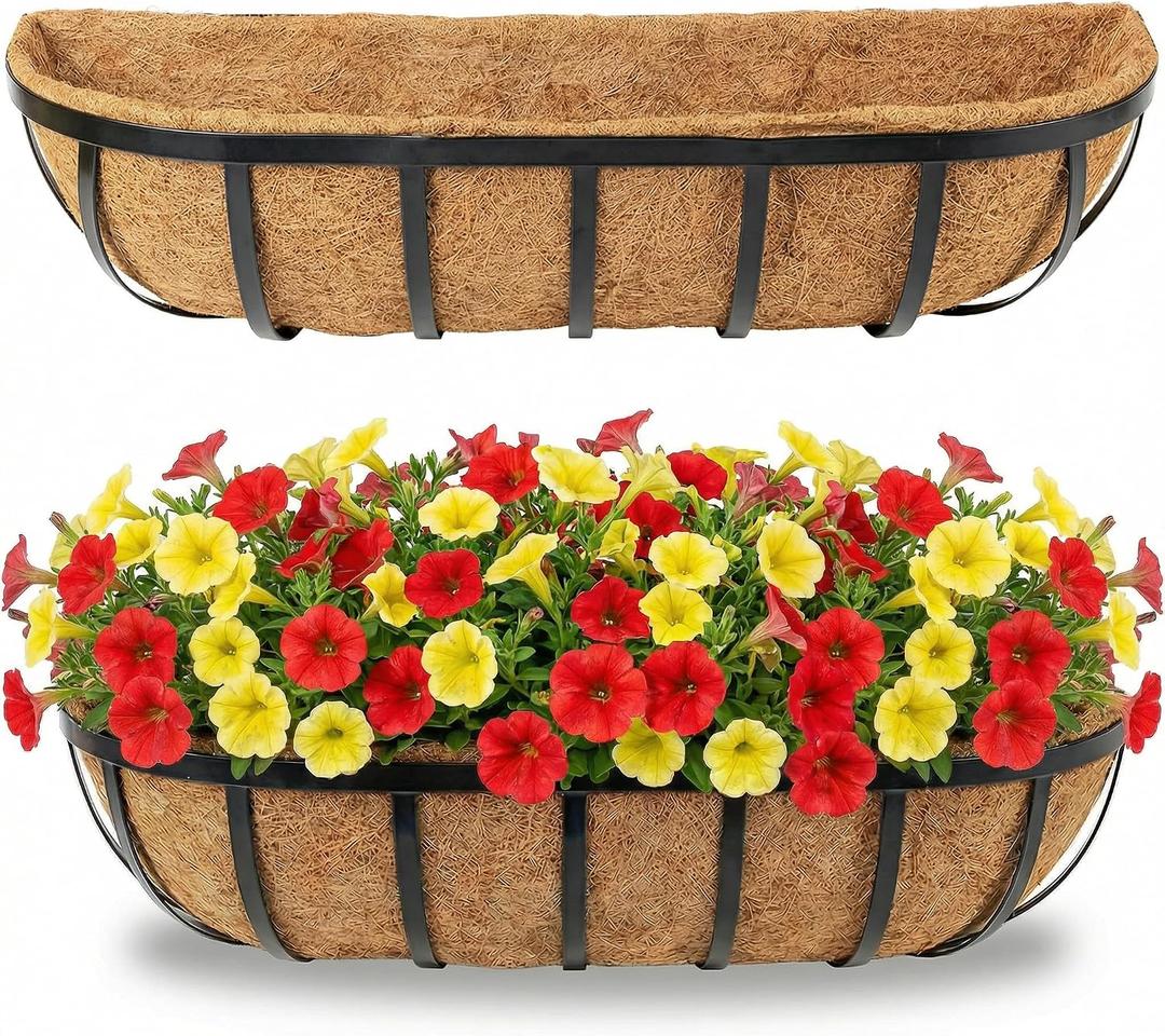24" Railing Planter with Adjustable Brackets, Window Box with Coco Liner, Hanging Flower Metal Box for Indoor Outdoor, Balcony Deck Fence Porch Patio, Black, Set of 2