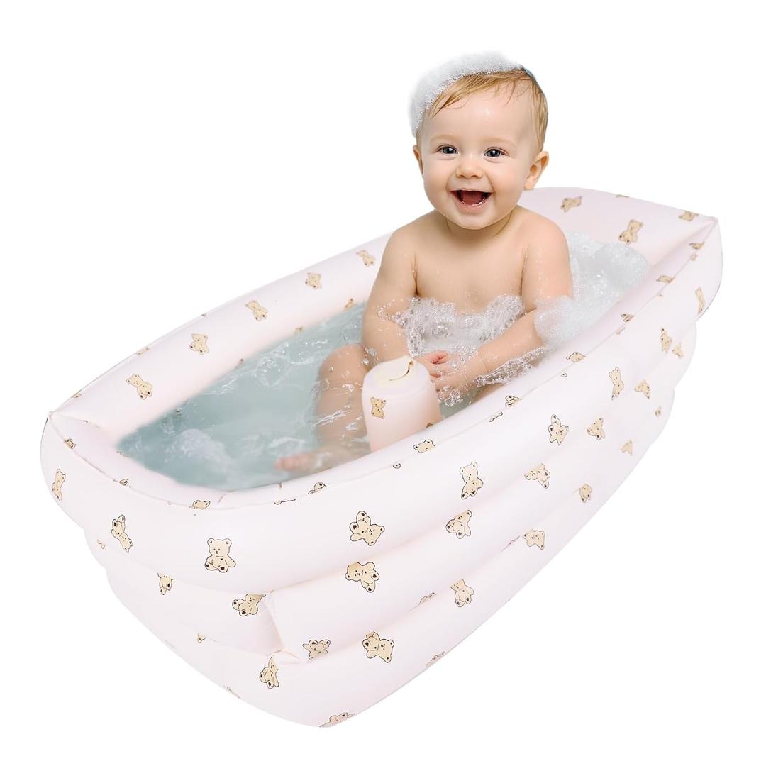 AirSwim Inflatable Baby Bathtub with Built-in Air Pump, Portable Bathtub for Babies 0-5 Years Old, Small Ball Pool, Foldable Bath Tub for Travel, 30.7 x 14.6 Inch (Bear)