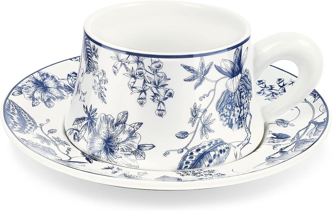 fanquare 8.5oz Blue Floral Coffee Mug, Large Tea Cup for Home Office Party, Ceramic Drinking Cups