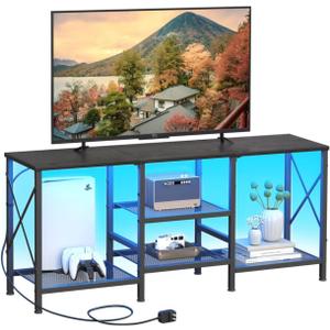 JARHETUN TV Stand with LED Lights for 55 Inch TV, Entertainment Center with 3-Tier Open Shelves, TV Console Table for Living Room, Bedroom, Black