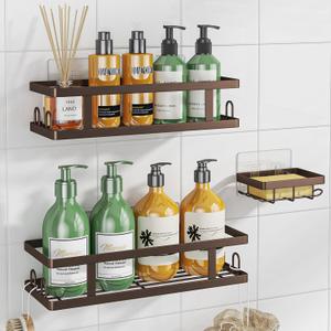 Youvip Adhesive Shower Caddy,Shower Shelves with Soap Holder and 12 Hooks,Rustproof No Drilling Bathroom Organizer and Storage,Bronze,3 Pack
