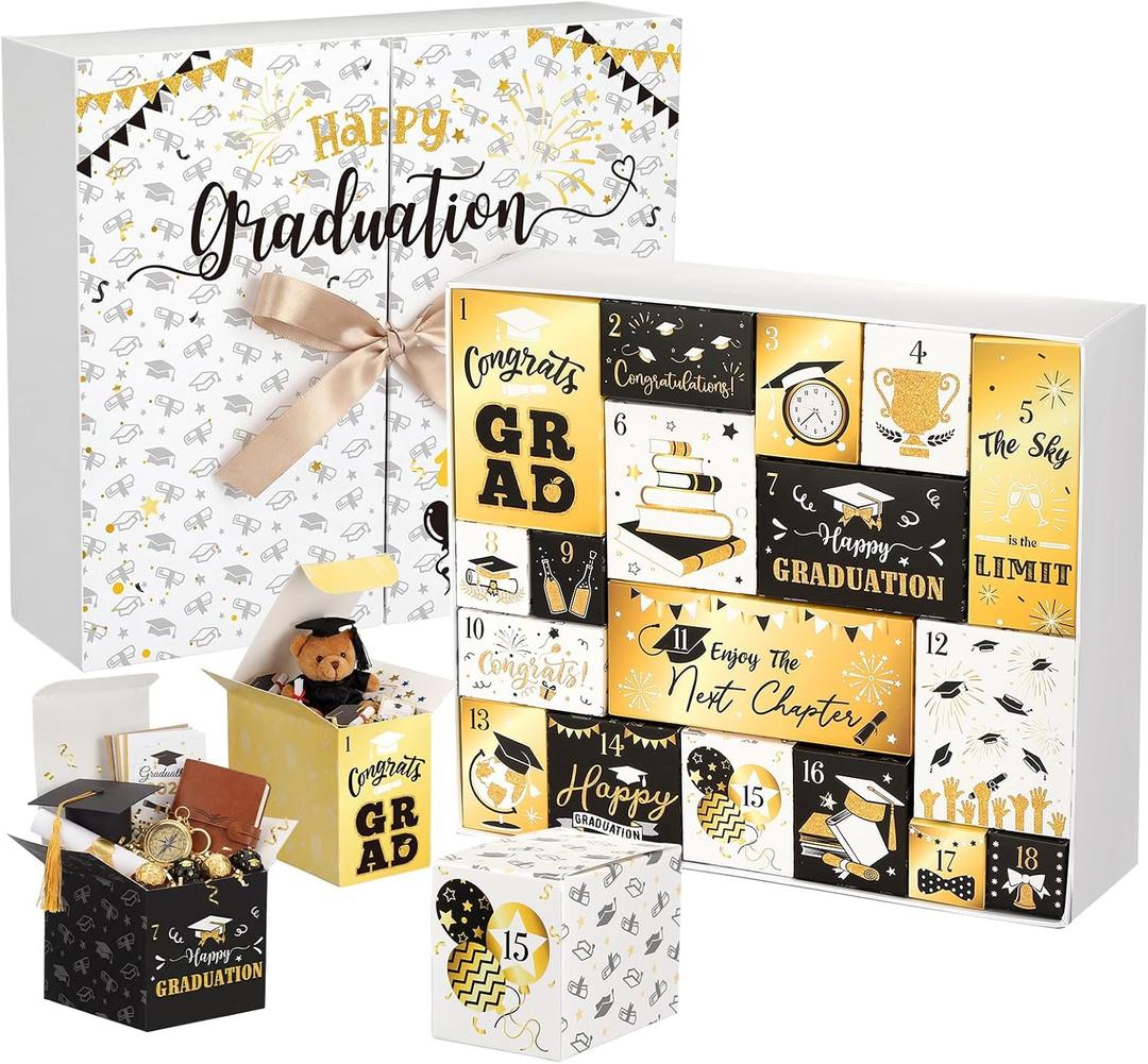 Graduation Advent Calendar 2026 Graduation Countdown Gift Box Empty Grad Paper Advent Calendar to Fill DIY Grad Surprise Filled Box for Him High School College, Gift Not Included(Black Gold)