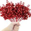 24 Pack Christmas Glitter Berries Stems, 8.5 Inch Artificial Christmas Picks, Berry Branches for Christmas Tree Ornaments, DIY Wreath, Crafts, Holiday and Party Decor (Red)