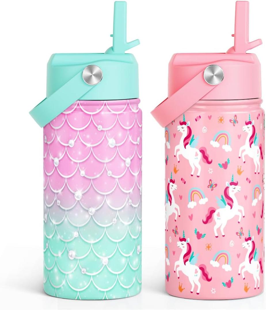 SANDJEST Kid Water Bottle 12oz with Straw Lid - 2-Pack Insulated Stainless Steel Water Bottles for Kids Girls - Travel Cup for Back to School Sports Christmas Birthday (Unicorn & Mermaid Scales)