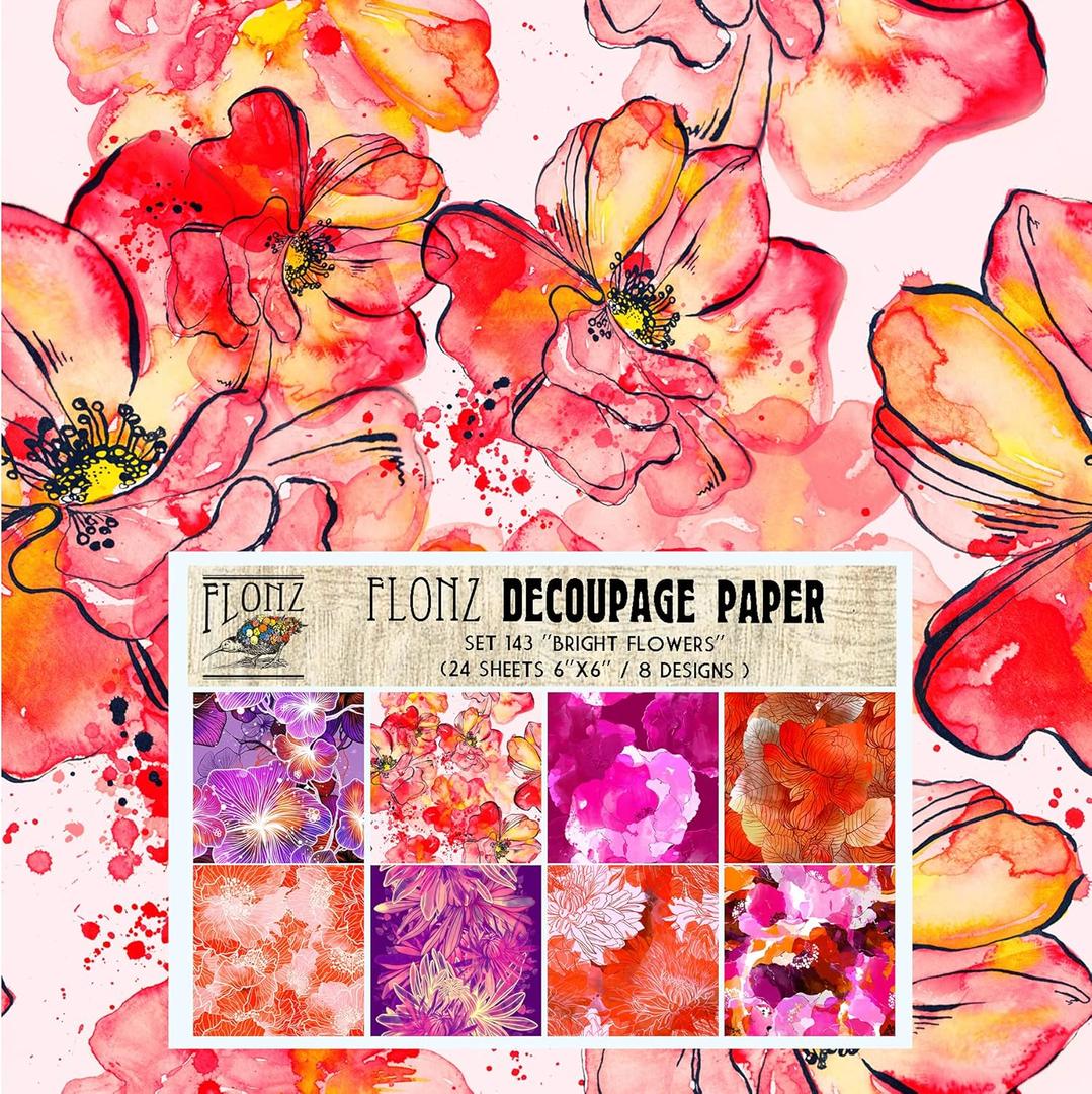 Decoupage Paper Pack (24 Sheets 6"x6") Bright Flowers FLONZ Vintage Styled Seamless Pattern Paper for Decoupage, Craft and Scrapbooking Wildflowers Poppy Garden (Thirteen)