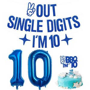 10th Birthday Decorations for Boys, Out Single Digits I'm 10 Banner, Brother I'm 10 Cake Topper, Navy Blue Number 10 Balloon, 32 inch