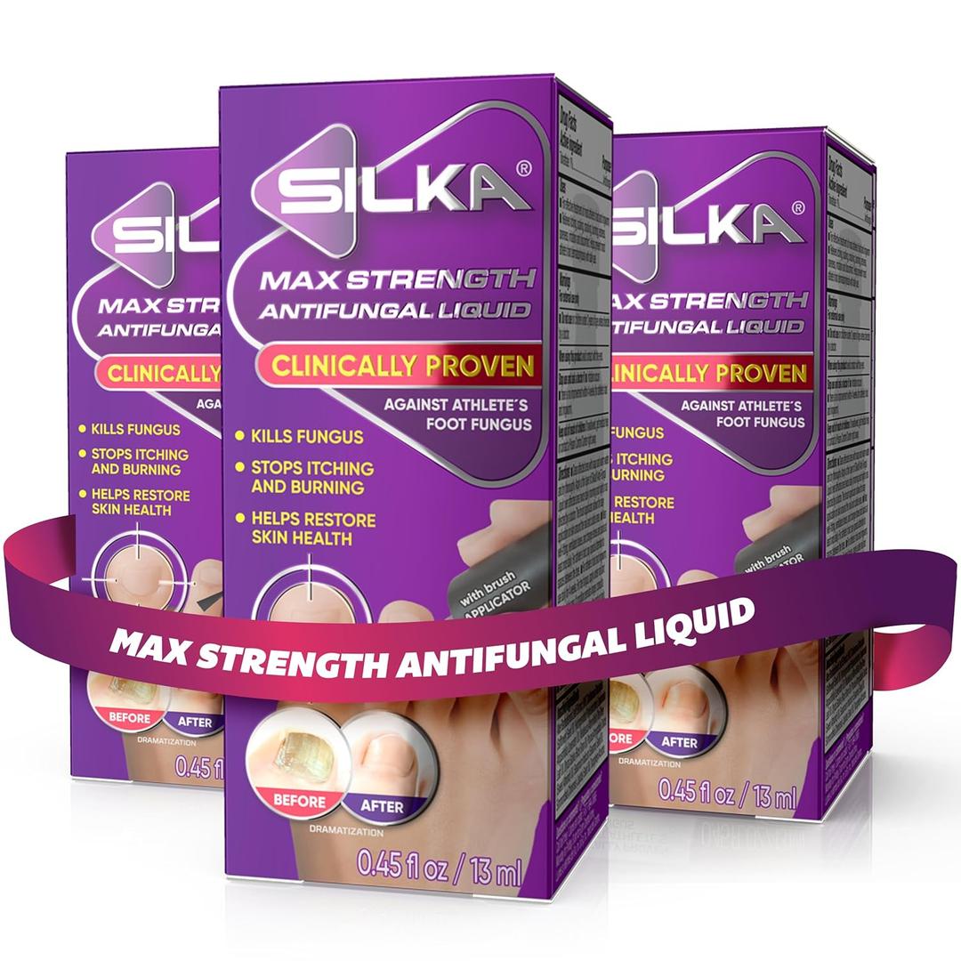 SILKA Max Strength Antifungal Liquid for Toenail Health with Brush Applicator, Results in 1 Week, Nail Fungus Treatment for Damaged Toenails, Athlete's Foot Treatment, Tolnaftate 1% 0.45 Fl Oz -3 Pack