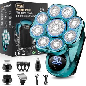 9D Electric Head Shaver for Bald Men, Upgraded 5-in-1 Waterproof Wet/Dry Grooming Kit Electric Shaver for Men, Cordless Rechargeable Bald Head Razor for Home&Travel (Green)