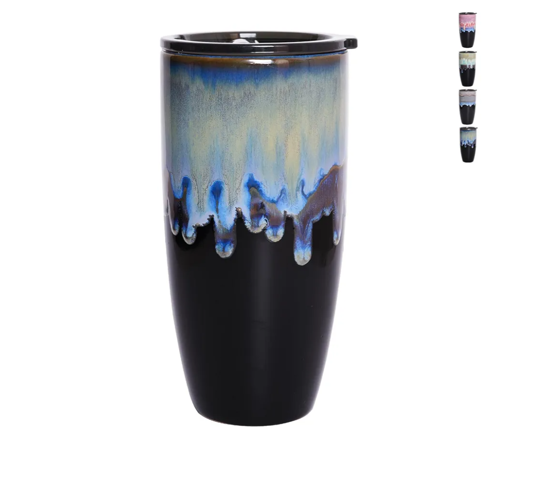 Bosmarlin Ceramic Travel Coffee Cup with Lid, 21 oz, Portable Coffee Mug for Car Cup Holder, Microwave Safe, Reactive Glaze (Blue)