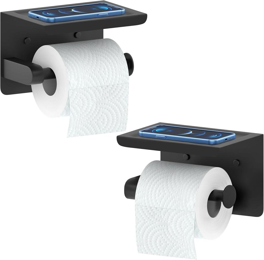 Matte Black Toilet Paper Holder with Shelf, SUS304 Stainless Steel Wall Mounted, Dual Installation Adhesive or Screw, Rustproof Modern Bathroom Tissue Roll Holder - 2 Pack