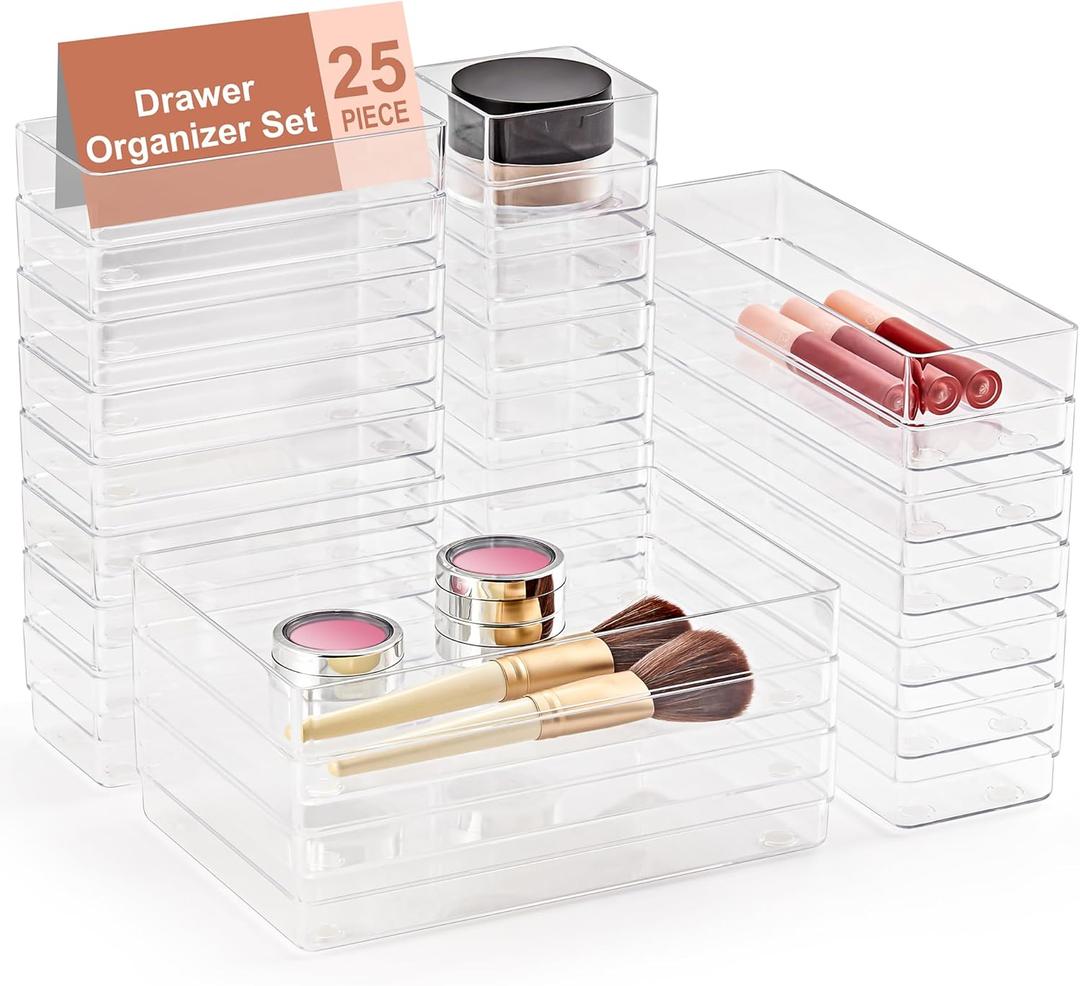 SMARTAKE 25-Piece Drawer Organizer with Non-Slip Silicone Pads, 4-Size Desk Drawer Organizer Trays Storage Tray for Makeup, Jewelries, Utensils in Bedroom Dresser, Office and Kitchen (Clear)