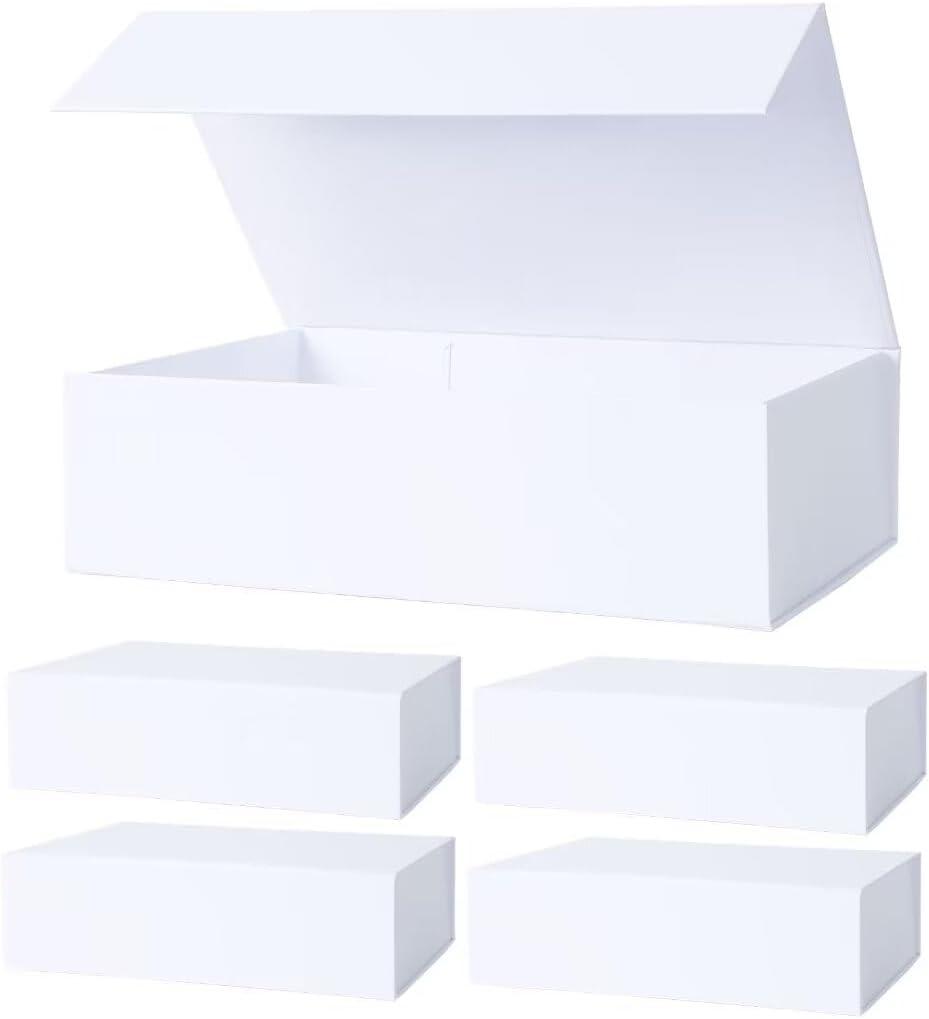 Aimyoo White Collapsible Gift Box with Magnetic Closure Lids 10.5x7x3 in, Bridesmaid Groomsman Proposal Boxes, Rectangle Storage Box 5 Pack (Pack of 5, White-Medium)