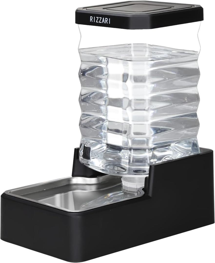 RIZZARI Stainless Steel Pet Water Feeder: 9L Large Gravity Waterer - Less Refills All-Day Water - No Mess Keeps Floors Dry - Quiet Refill - for Medium to Large Dogs - Workday/Day Trip (Black with Lid)