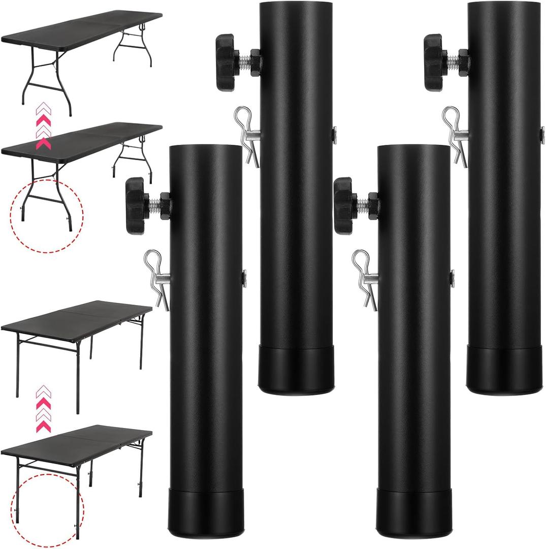 4 Pack Heavy Duty Adjustable Table Risers, 2 Levels/Heights Folding Table Leg Extenders Durable Steel Desk Leg Extensions Furniture Leg Lifts for Straight Bent Legs, Raise 3.6in/5.23in