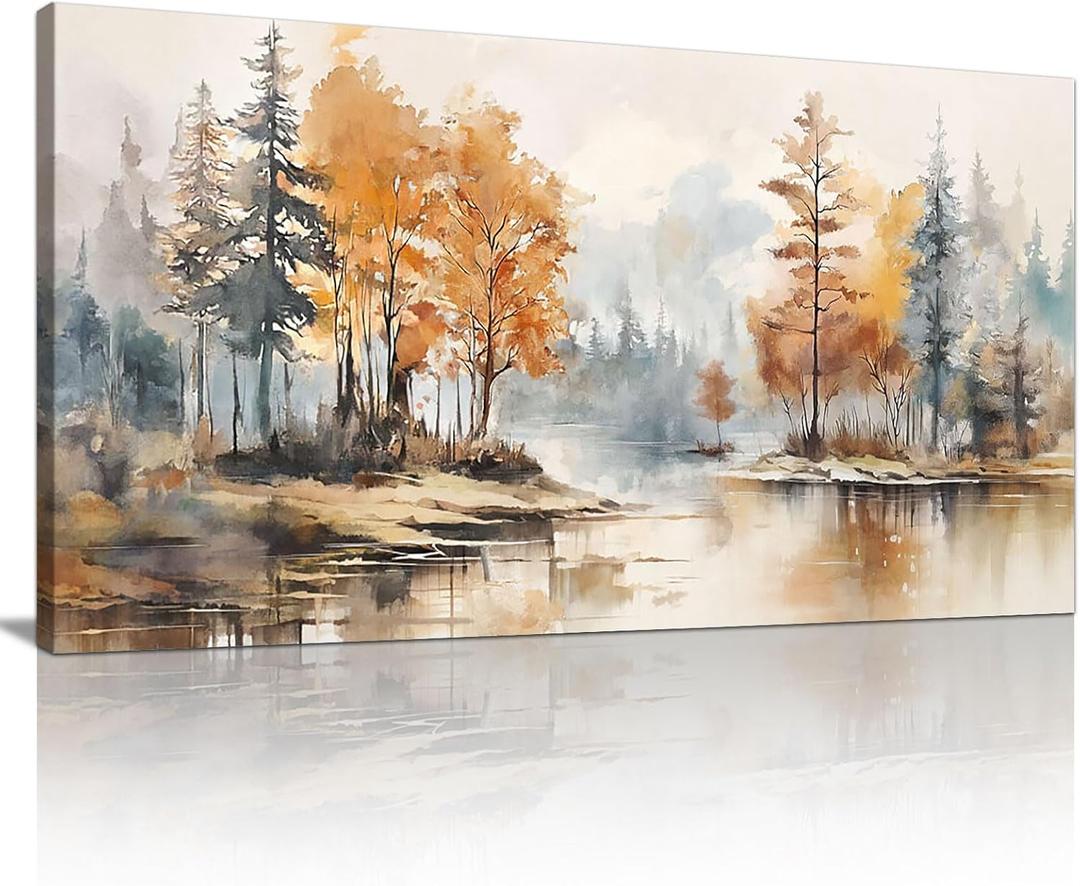 WENGTIAO Large Wall Art for Living Room Framed Lakeside Forest Canvas Wall Painting Pictures Orange Watercolour Landscape Art Prints Artwork Wall Decor for Bedroom Office Room Decoration Hang 60X120cm