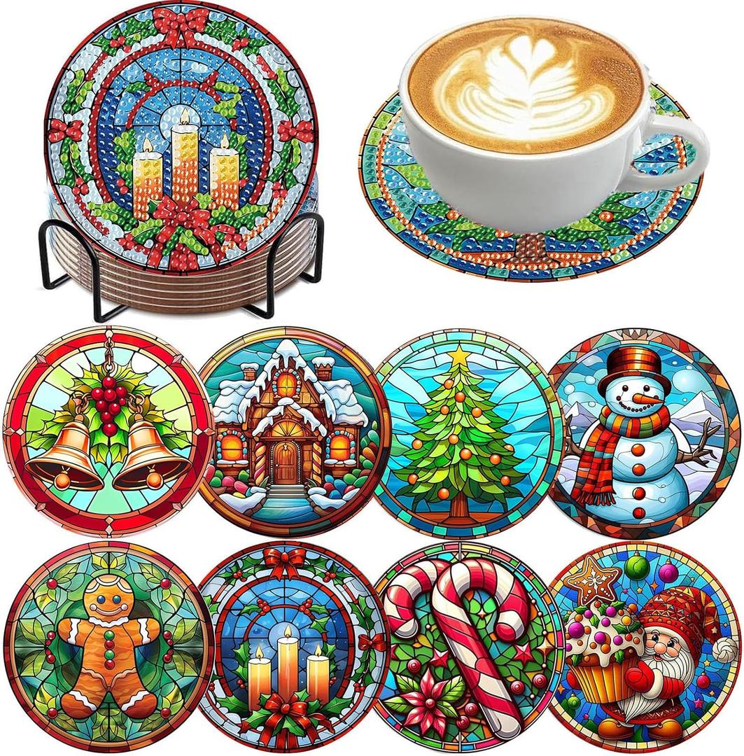 8 Pack Christmas Diamond Art Coasters Kit - Christmas Diamond Painting Coasters Kit Set with Holder Cork Pads, Diamond Art Kits for Adults Coaster, Gift for Handmade Lovers Non-Slip 3.9inch