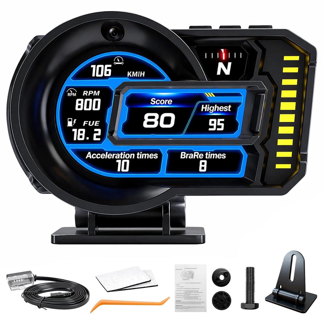 Heads Up Display for Cars, OBD2+GPS Dual System Speedometer with Driving Score & Gesture Control, OBD2 Gauge Display with Tachometer, Water Temp, Volt, Overspeed & Fatigue Driving Alarm