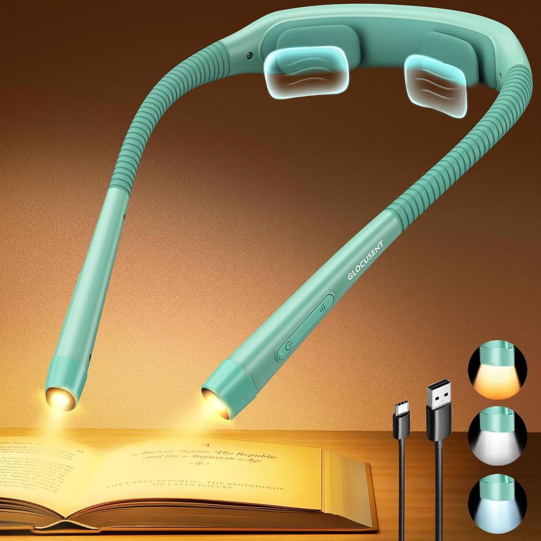 Glocusent Ergonomic Reading Light, 1600mAh Rechargeable Book Light for 100 Hrs - 3 Colors & 5 Brightness, Neck Light with Timers, Sleep Aid & Travel Lock, Perfect for Reading, Knitting & Craft (Mint Green)