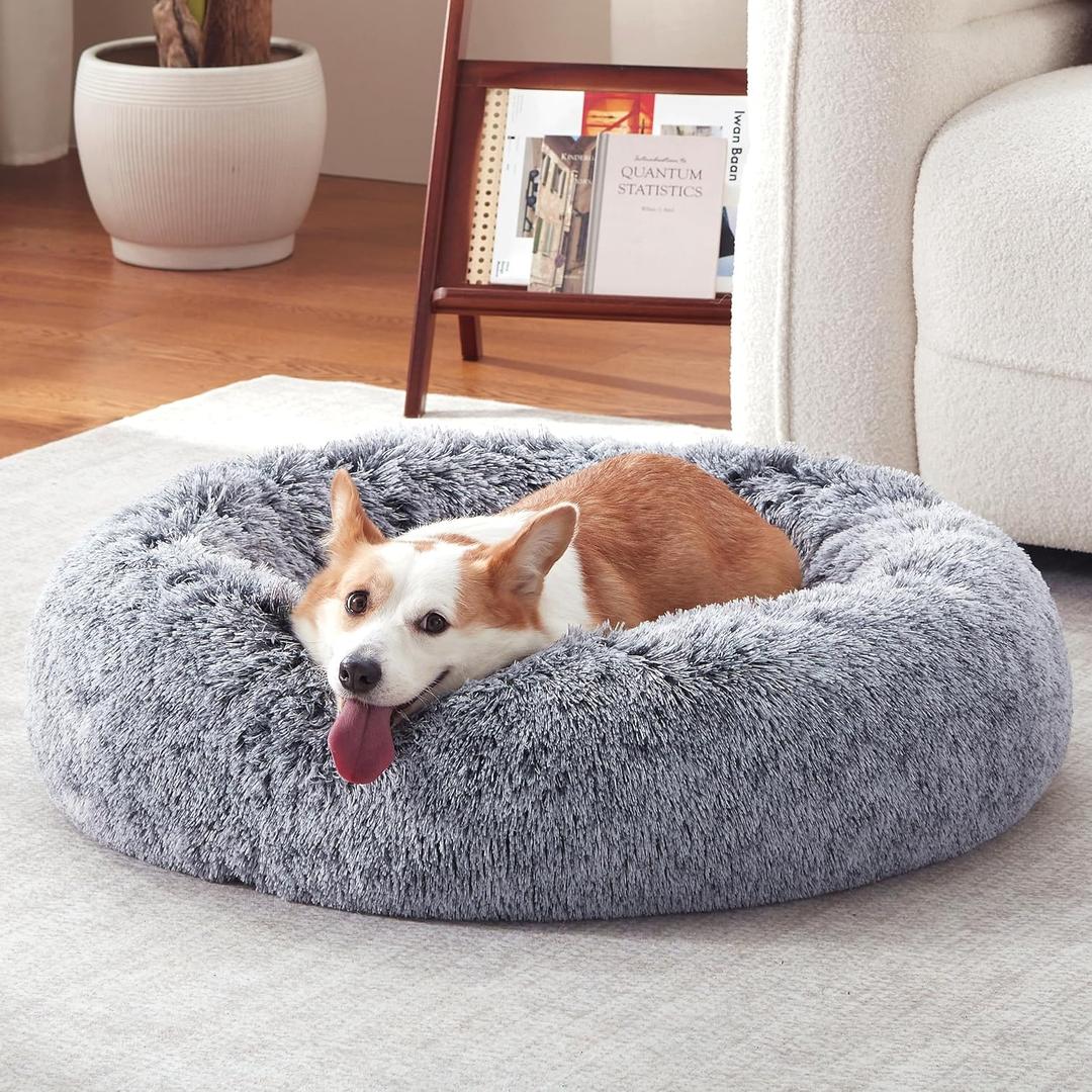 Donut Dog Bed Medium Size Dog 36 Inch, Round Cat Beds for Small Medium Dogs and Cats with Washable Fluffy Faux Fur, Cute Comfort Pet Bed with Anti-Slip Bottom, Grey