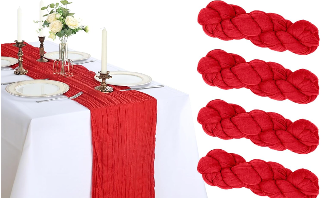 LuxeLouise 4 Pack Red Cheesecloth Table Runner 35x120 Inch Cheese Cloth Table Runner 10ft Chiffon Gauze Table Runners for Table Decor Birthday Party Baby Shower and Bridal Shower Decorations