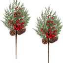 Oairse 2 Pcs Christmas Artificial Pine Branches 21.2 inch Cedar Pine Stems Christmas Greenery Picks with Red Berries Pinecones Picks Spray Xmas Tree Branches for Xmas Vase DIY Craft Holiday Decor