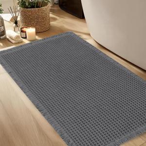 Hiasan Waffle Bath Mat, Super Absorbent Non Slip Bathroom Boho Rug with Tassels, Machine Washable Bath Mats for Bathroom, Ultra Soft Rubber Backed Rug, Dark Grey, 16 x 24 Inches